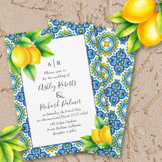  Mediterranean blue and yellow tile lemon wedding Invitation