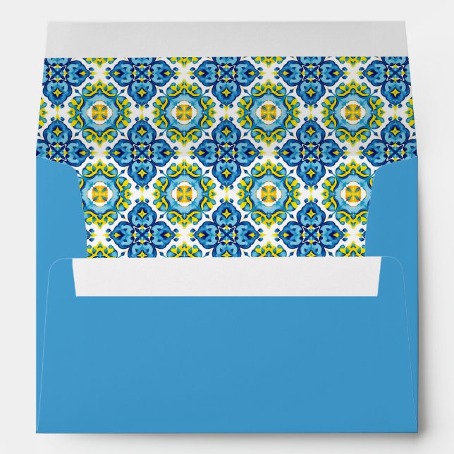 Mediterranean blue and yellow tiles blue wedding envelope (Back (Bottom))