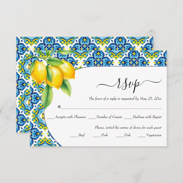  Mediterranean blue and yellow tiles lemon wedding RSVP Card (Front/Back)