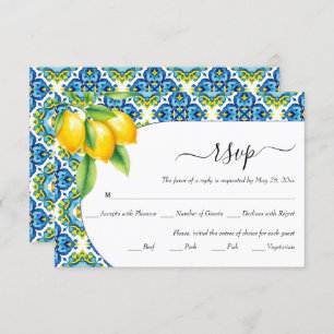 Mediterranean blue and yellow tiles lemon wedding RSVP Card