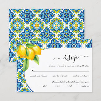  Mediterranean blue and yellow tiles lemon wedding RSVP Card