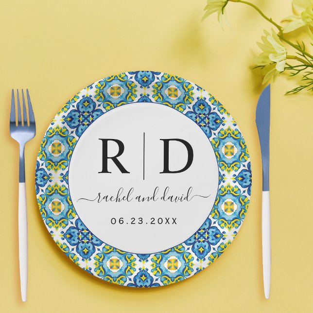 Mediterranean blue and yellow tiles wedding paper plates (Creator Uploaded)