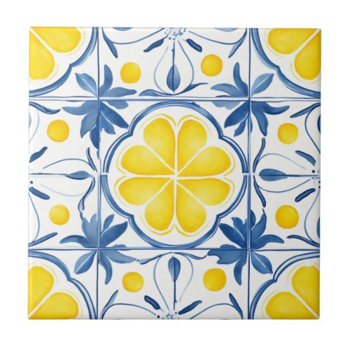 Mediterranean Blue and Yellow Watercolor Pattern Ceramic Tile