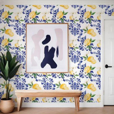 Mediterranean Blue Antique Floral & Lemon Pattern  Wallpaper