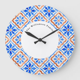 Mediterranean Blue Azulejo Tile Personalized Name Large Clock