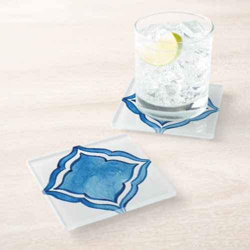 Mediterranean Blue Diamond Watercolor Paint  Glass Coaster