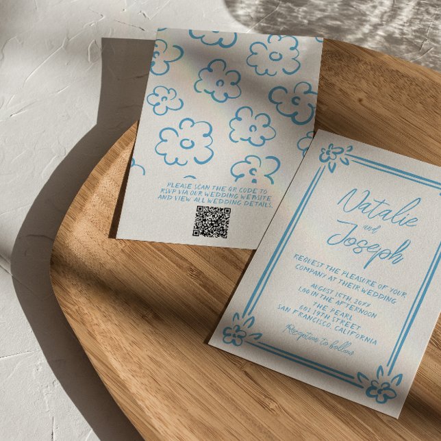 Mediterranean Blue Drawn Italy QR Code Wedding Invitation (Creator Uploaded)
