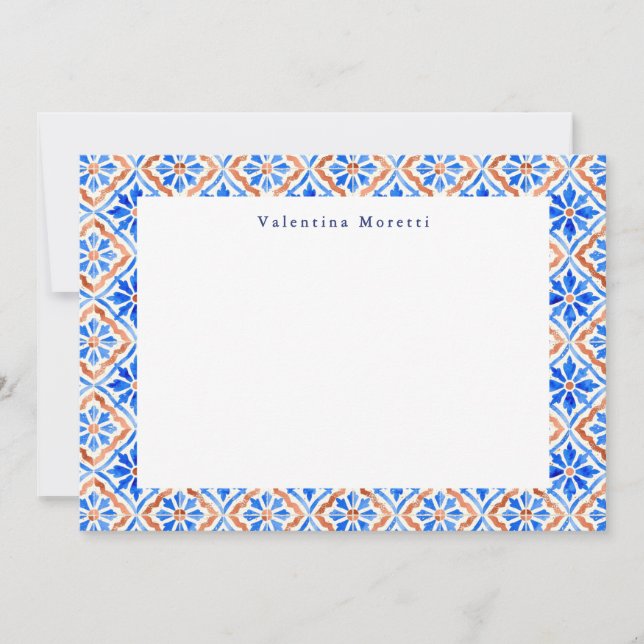 Mediterranean Blue Elegant Tile Pattern Custom Note Card (Front)