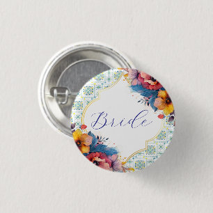 Mediterranean Blue Floral Bride to be Button