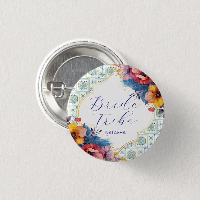 Mediterranean Blue Floral Bride's Maid   Button (Front & Back)