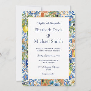 Mediterranean Blue Floral Citrus Tiles Invitation