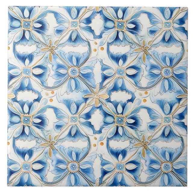 Mediterranean Blue Floral Elegant Ceramic Tile (Front)