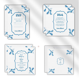 Mediterranean Blue Floral Tile Monogram Invitation