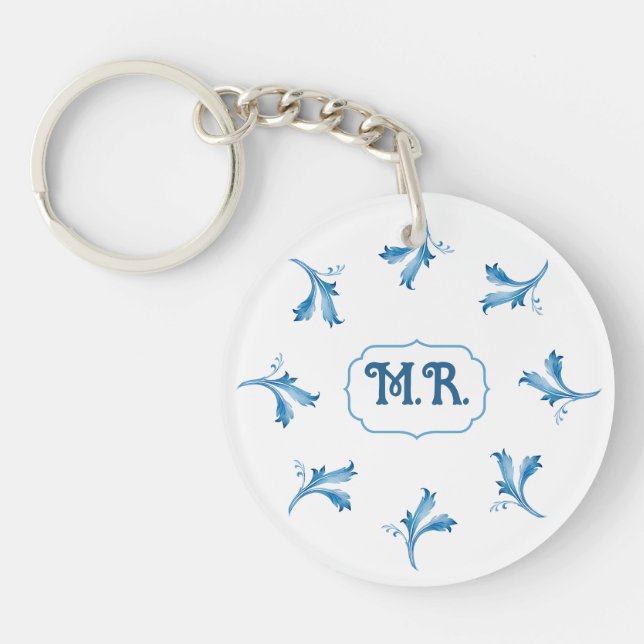 Mediterranean Blue Floral Tile Monogram Keychain (Front)