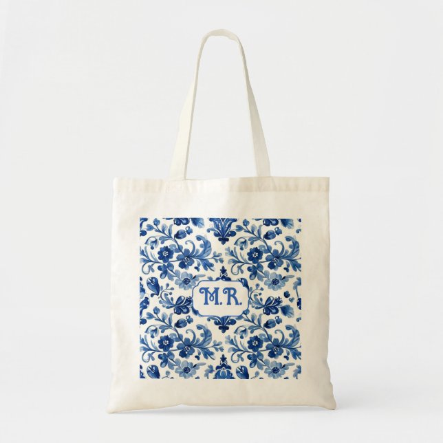 Mediterranean Blue Floral Tile Monogram Tote Bag (Front)