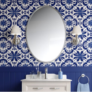 Mediterranean Blue Flourish Indigo & White Trad  Wallpaper