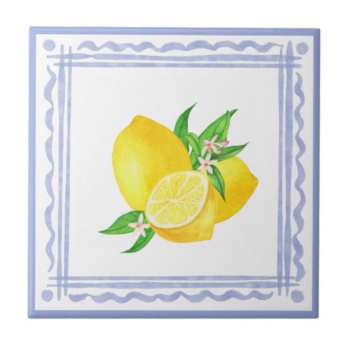 Mediterranean blue frame and lemons watercolor  ceramic tile