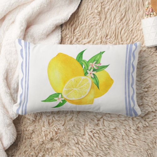 Mediterranean blue frame and lemons watercolor lumbar pillow