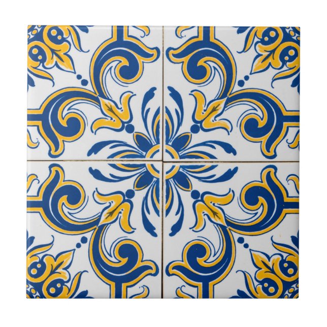 Mediterranean Blue & Gold Ceramic Tile (Front)
