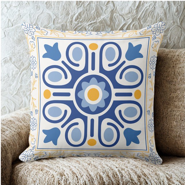 Mediterranean Blue & Gold Floral Accent Pillow (Creator Uploaded)