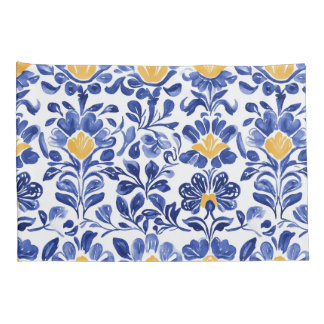 Mediterranean Blue & Gold Floral Pattern Pillow Case