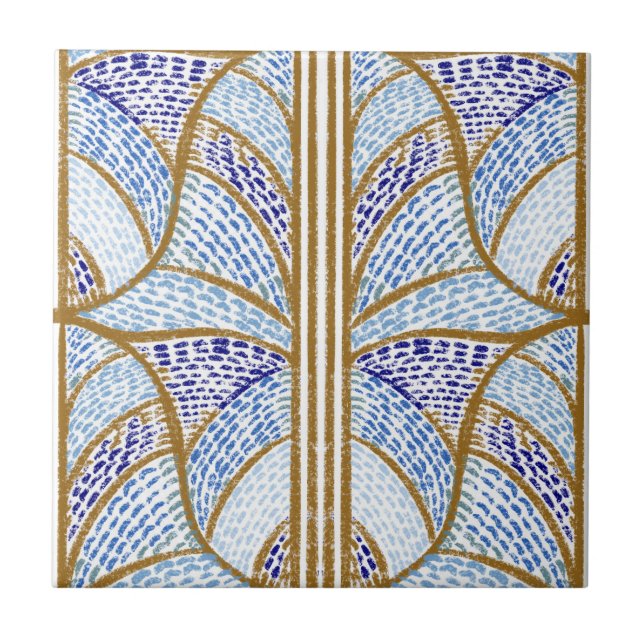 Mediterranean Blue. & Gold Mosaic Pattern  Ceramic Tile (Front)
