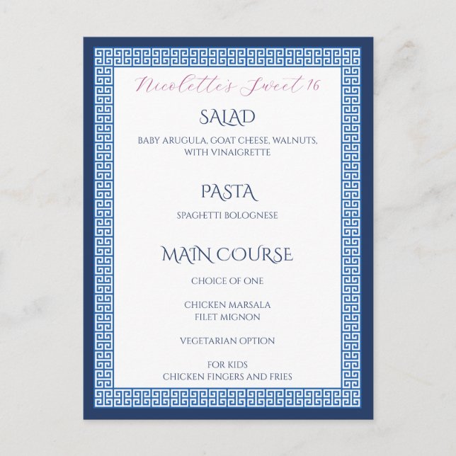 Mediterranean Blue Greek Key Wedding Birthday Menu (Front)