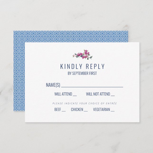 Mediterranean Blue Greek Key Wedding Response RSVP Invitation (Front/Back)
