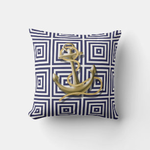 Mediterranean blue Greek Pattern Nautical Anchor Throw Pillow