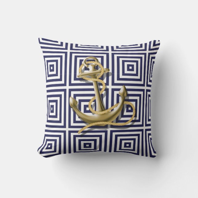 Mediterranean blue Greek Pattern Nautical Anchor Throw Pillow (Front)