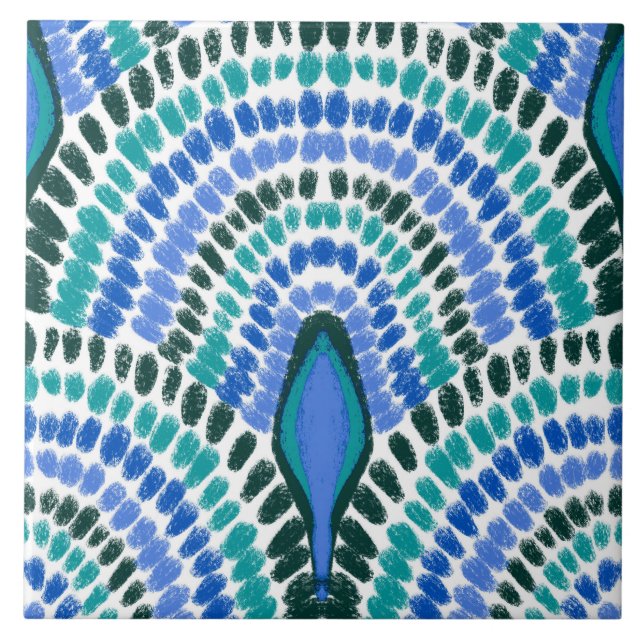 Mediterranean Blue Green Mosaic Painted Scallops Ceramic Tile (Front)