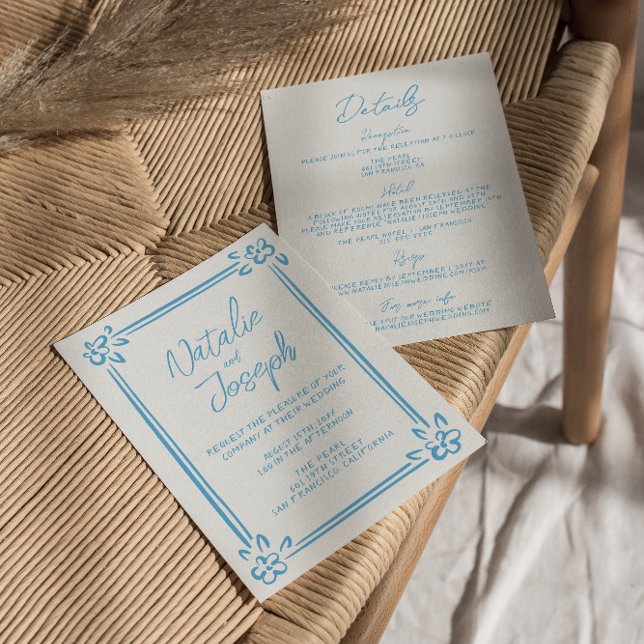 Mediterranean Blue Hand Drawn All In One Wedding Invitation (Creator Uploaded)