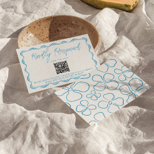 Mediterranean Blue Hand Drawn QR Code Wedding RSVP Card