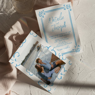 Mediterranean Blue Handwritten Drawn Photo Wedding Invitation