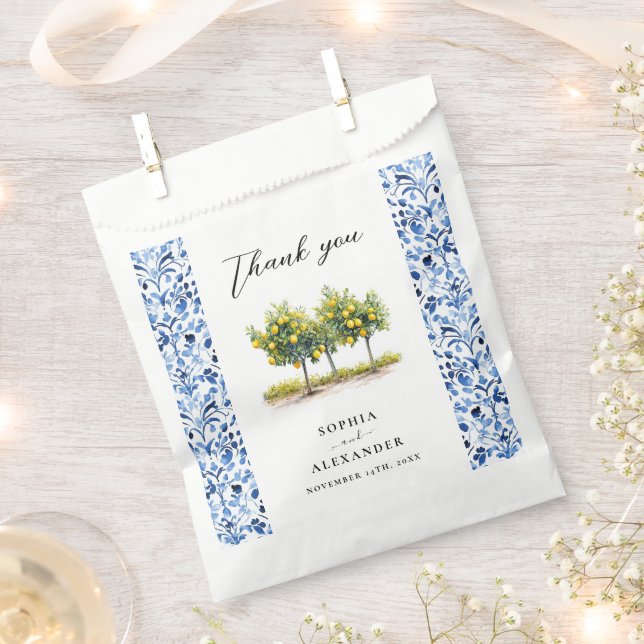Mediterranean Blue Italian Tiles Lemon Wedding  Favor Bag (Clipped)