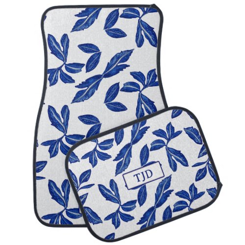 Mediterranean Blue Leaf Pattern with your Initials Car Floor Mat