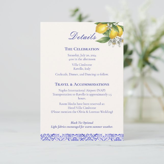 Mediterranean Blue & Lemon Branch Wedding Details  Enclosure Card (Standing Front)