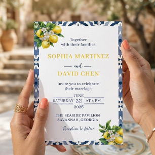 Mediterranean Blue Lemon Watercolor Summer Wedding Invitation