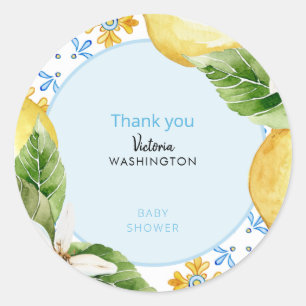 Mediterranean Blue & Lemons Baby Shower Thank You Classic Round Sticker