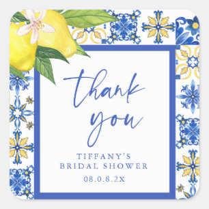Mediterranean Blue Lemons Bridal Shower Thank You Square Sticker