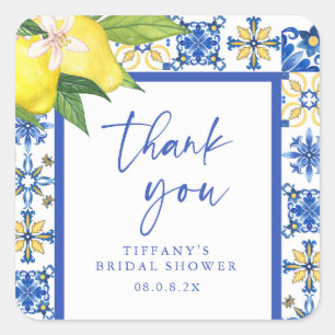 Mediterranean Blue Lemons Bridal Shower Thank You Square Sticker