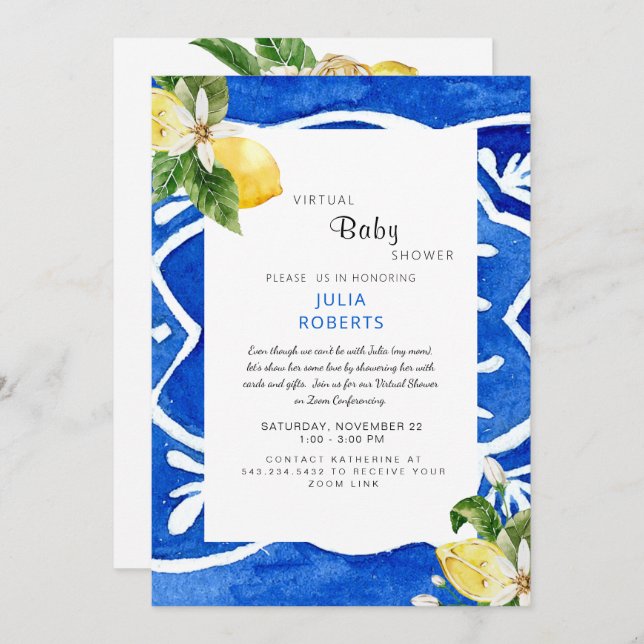 Mediterranean Blue Lemons Virtual Baby Shower Invitation (Front/Back)
