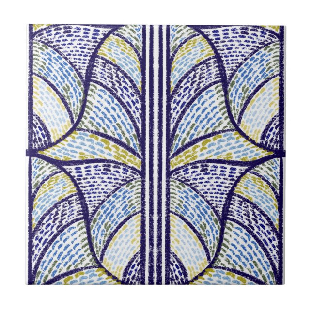 Mediterranean Blue & Lime Green Mosaic Pattern  Ceramic Tile (Front)