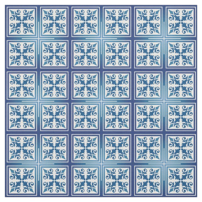 Mediterranean Blue Moroccan Tile Cotton or Linen Fabric (Swatch)