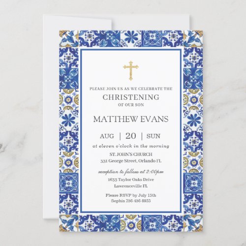 Mediterranean Blue Mosaic Tiles Christening Invitation