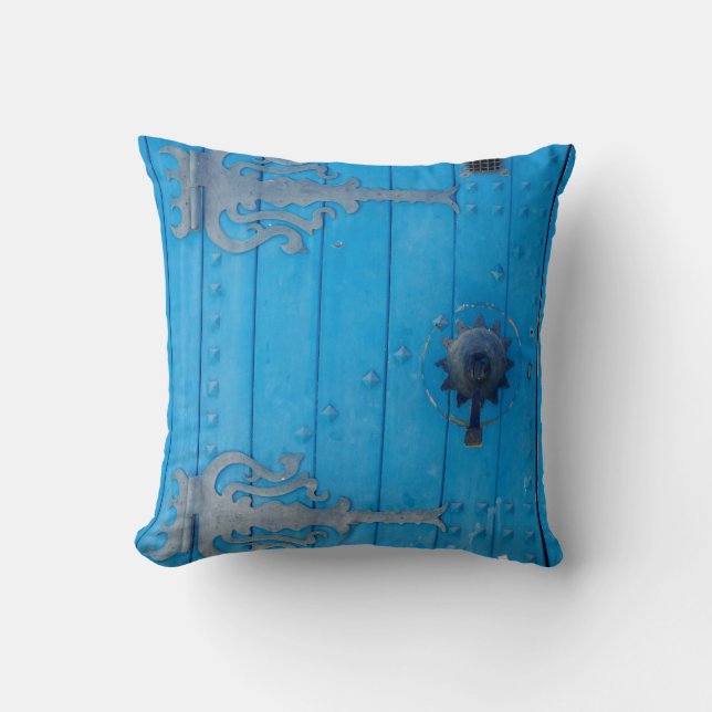Mediterranean Blue Old Wooden Door Striped Tunisia Throw Pillow (Front)