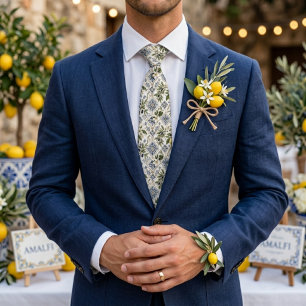 Mediterranean Blue Olive Lemon Tile Neck Tie