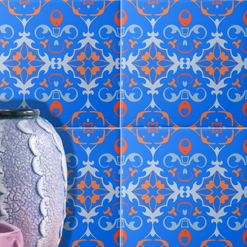Mediterranean Blue Orange Damask Pattern  Ceramic Tile
