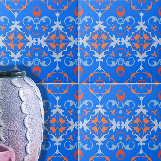 Mediterranean Blue Orange Damask Pattern  Ceramic Tile (Creator Uploaded)