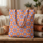 Mediterranean Blue Orange Geometric Mosaic Pattern Fabric